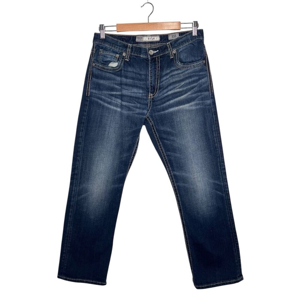 BKE Buckle Jeans Mens 33 Short Ryan Straight Embroidered Wiskering AVM3007 Blue